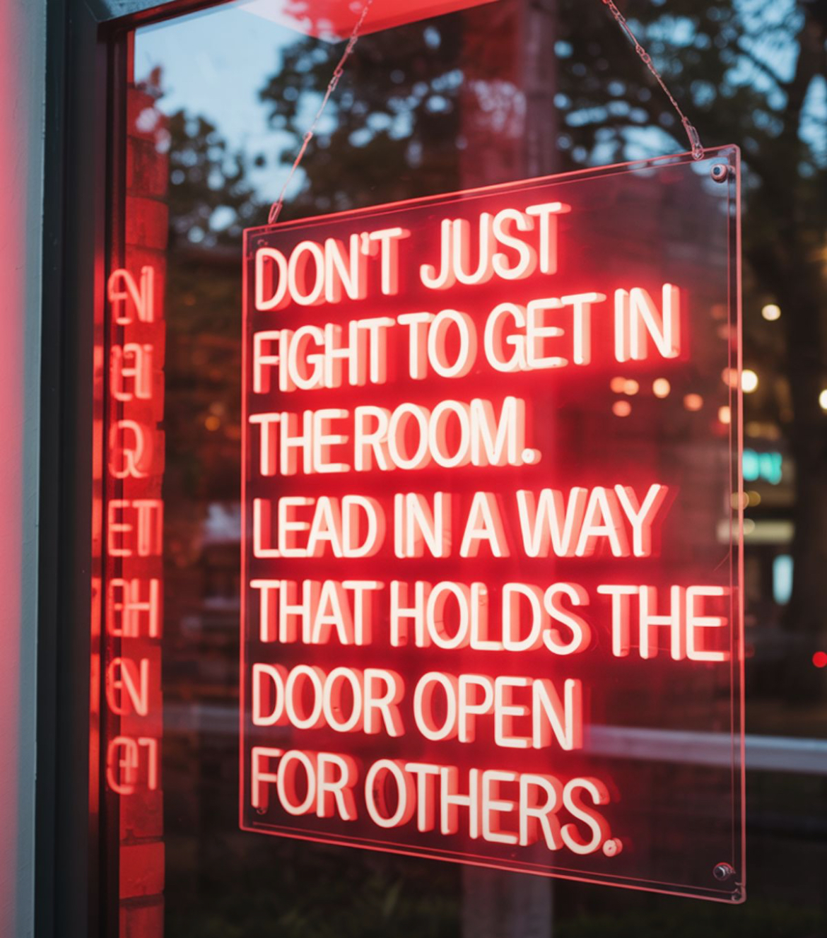 Red neon sign reading: Don't just fight to get in the room. Lead in a way that holds the door open for others.