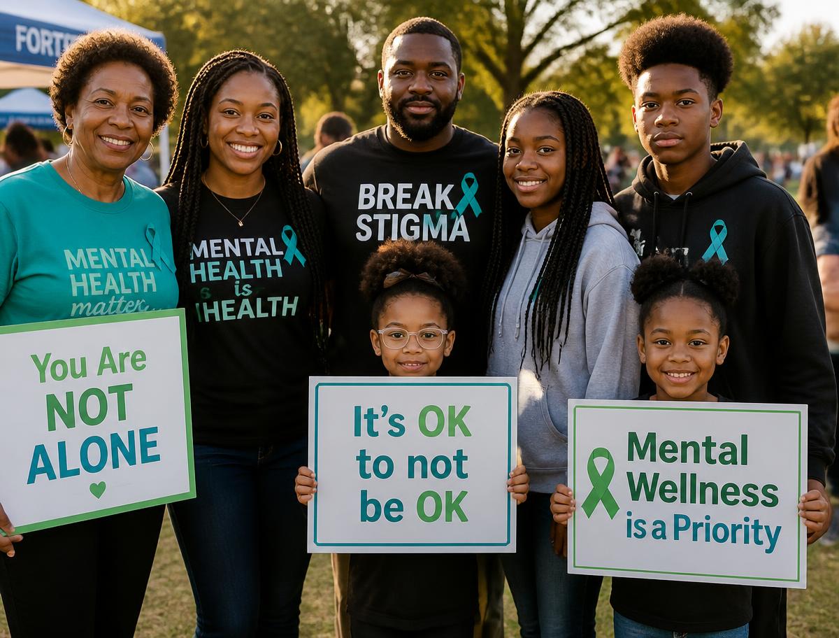 Black community members holding mental health awareness signs and teal ribbons at an outdoor advocacy event