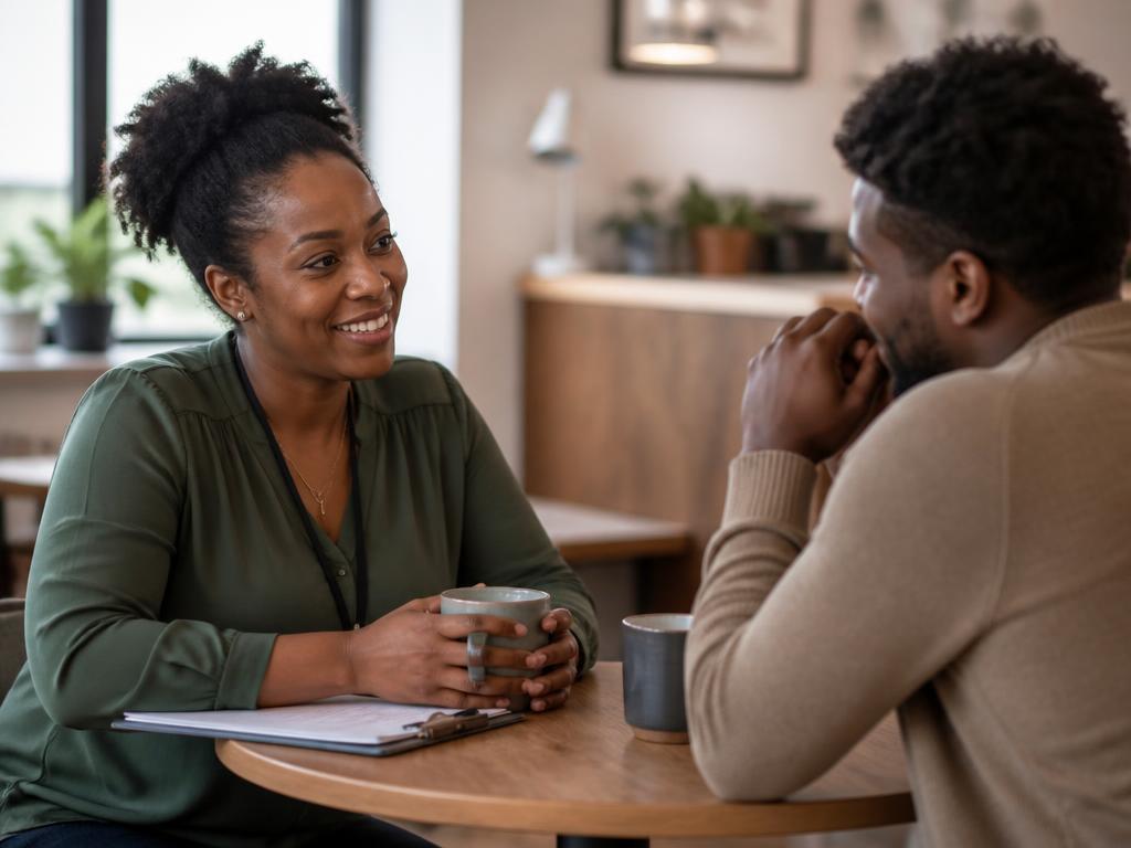 Two people talking over coffee in a warm, sunlit room