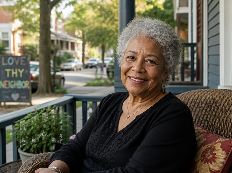 Elena Rodriguez smiling on her porch in the Oak Creek neighborhood